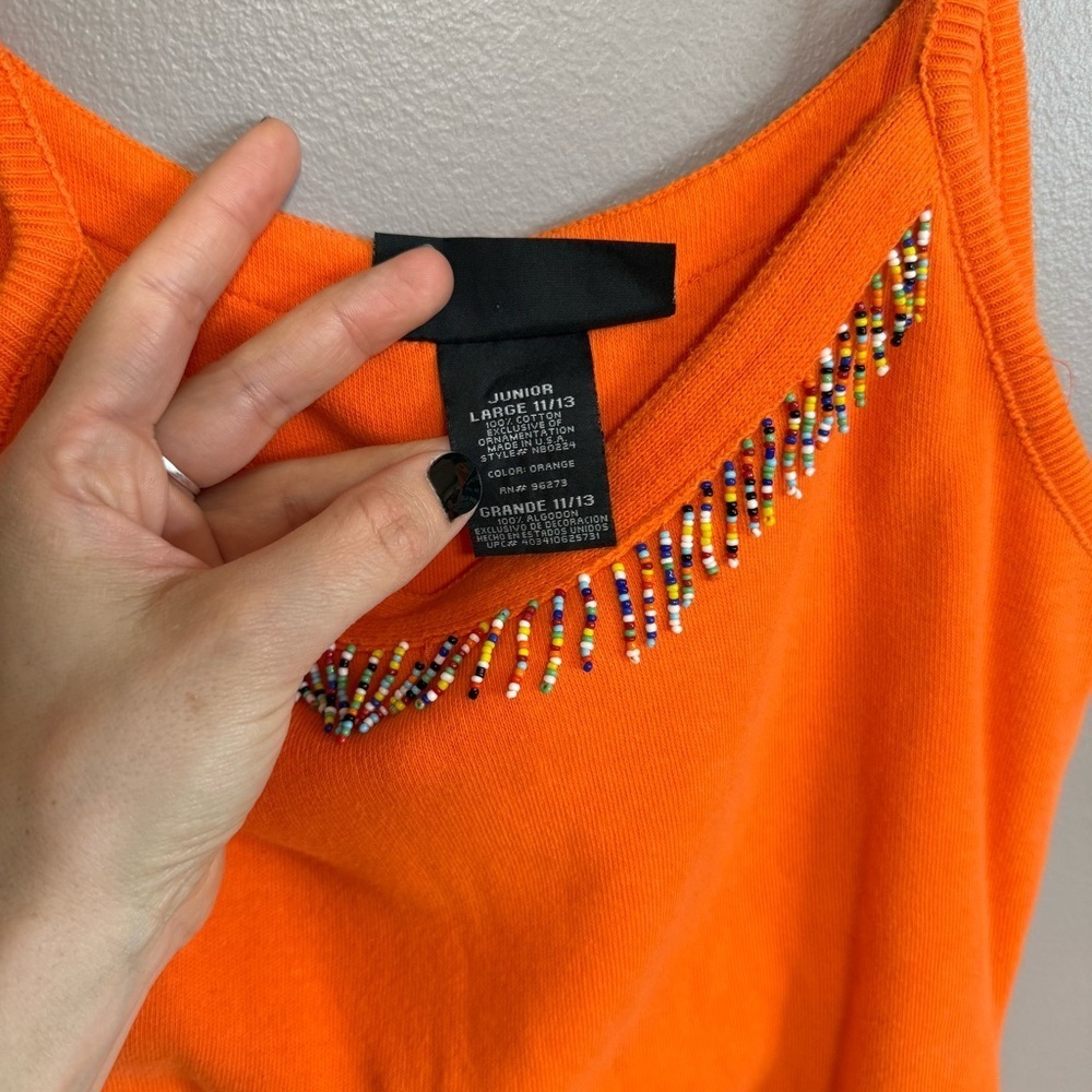 Y2K No Boundaries Orange Knit Festival Tank Top Beaded Tassel Neckline Large - Picture 5 of 5